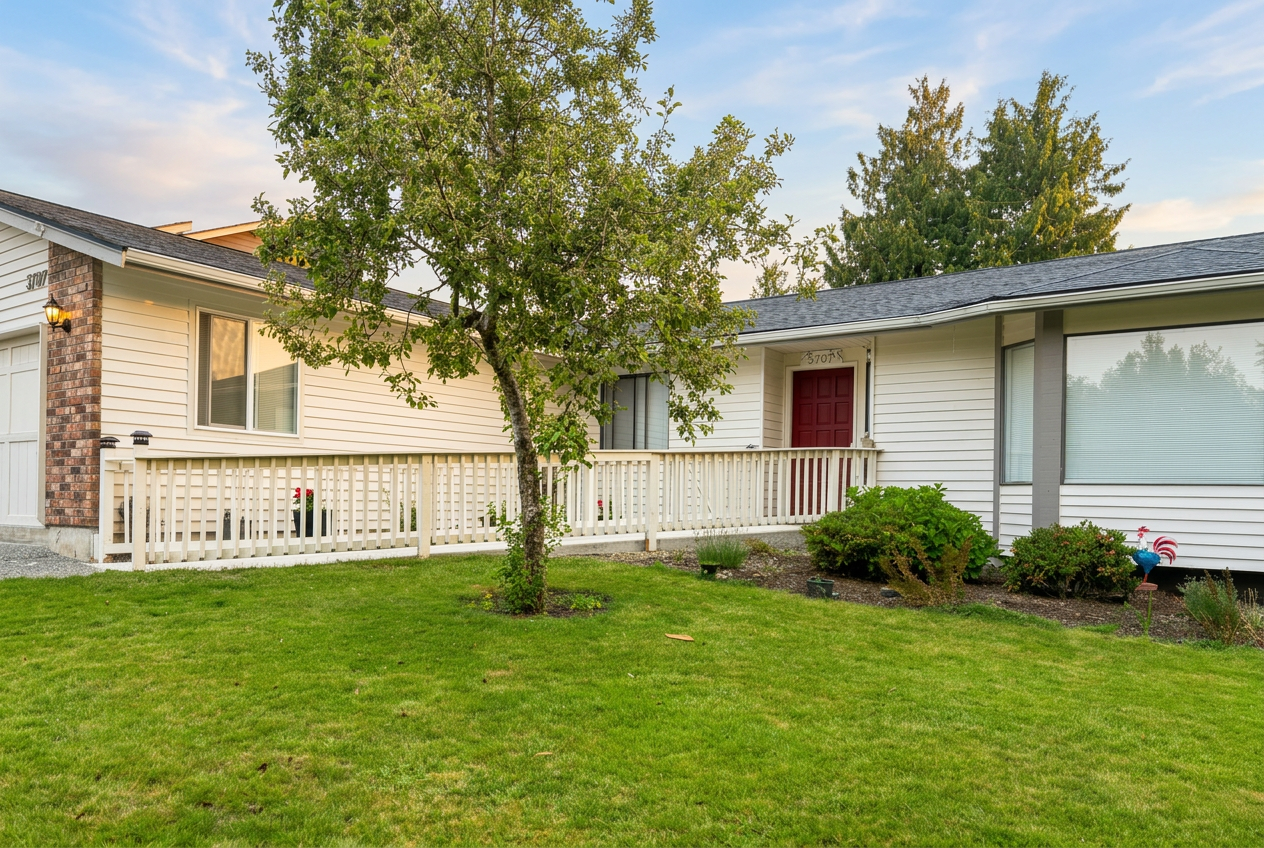 Front exterior of Senior Services Adult Family Home with landscaped lawn and accessible entry